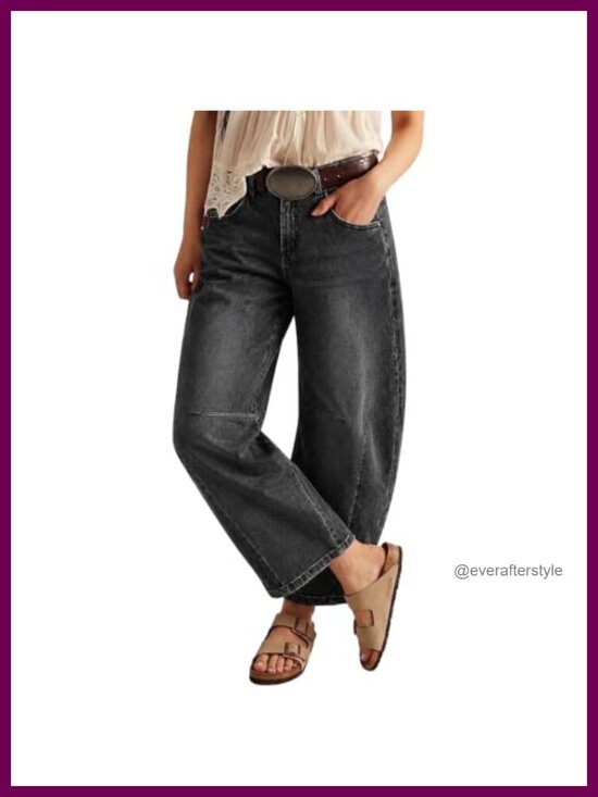 Denim - Mid Rise Barrel Jeans Stretchy Cropped Horseshoe Denim Pants